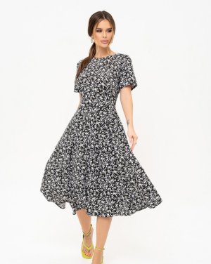 Чорно-біла квіткова сукня з короткими рукавами - 8542986 - SvitStyle