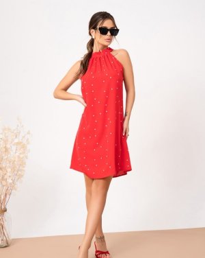 Червона в горошок сукня з коміром халтер - 8542989 - SvitStyle