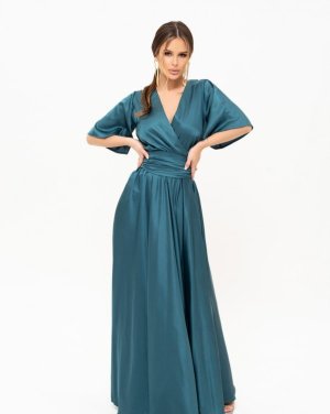 Зелена довга шовкова сукня з декольте на запах - 8543012 - SvitStyle