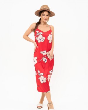 Червона шовкова сукня-комбінація з великим принтом - 8543015 - SvitStyle