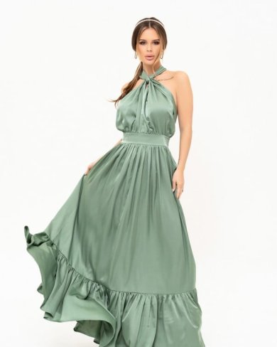 Оливкова шовкова довга сукня з відкритою спиною - SvitStyle