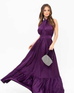 Фіолетова шовкова довга сукня з відкритою спиною - 8543130 - SvitStyle