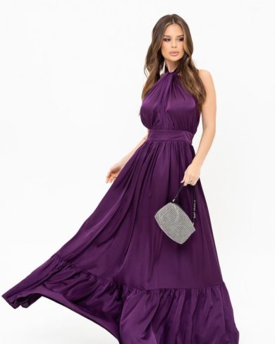 Фіолетова шовкова довга сукня з відкритою спиною - SvitStyle