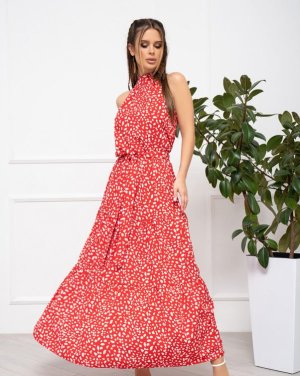 Червона довга сукня з воланом - 8543178 - SvitStyle