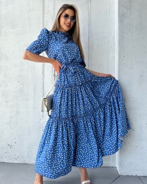 Синє довге плаття в горошок - SvitStyle