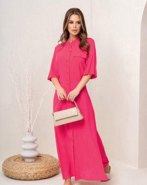 Малинова бавовняна сукня-сорочка з розрізами - 8550142 - SvitStyle
