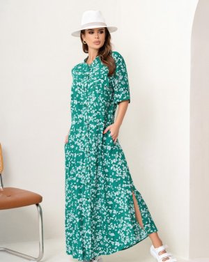 Зелена квіткова сукня-сорочка з розрізами - 8550144 - SvitStyle
