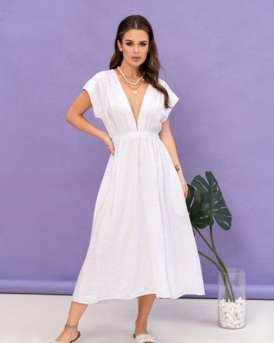 Біла лляна сукня з декольте - SvitStyle