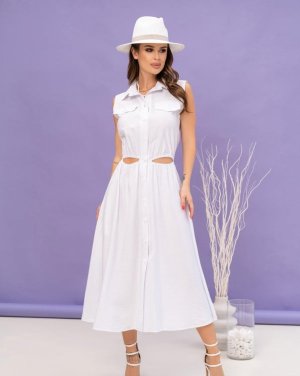 Біла лляна сукня-сорочка з вирізами - 8550150 - SvitStyle