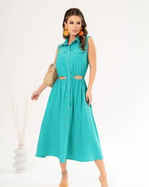 Бірюзова лляна сукня-сорочка з вирізами - 8550151 - SvitStyle