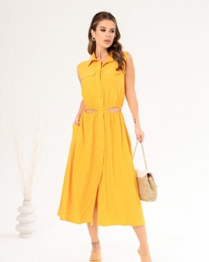 Гірчична лляна сукня-сорочка з вирізами - 8550152 - SvitStyle