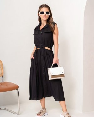 Чорне лляне плаття-сорочка з вирізами - 8550153 - SvitStyle