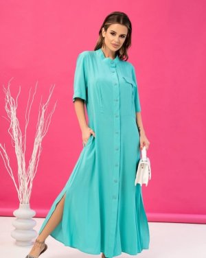 Бірюзова бавовняна сукня-сорочка з розрізами - 8550720 - SvitStyle