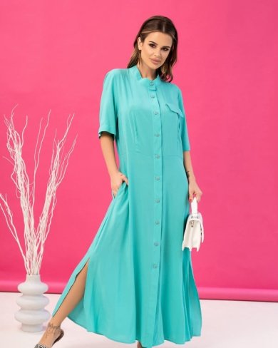Бірюзова бавовняна сукня-сорочка з розрізами - SvitStyle