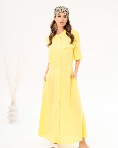 Жовта бавовняна сукня-сорочка з розрізами - SvitStyle