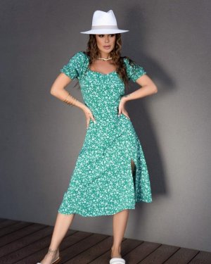 Зелена квіткова сукня з розрізом - 8550732 - SvitStyle
