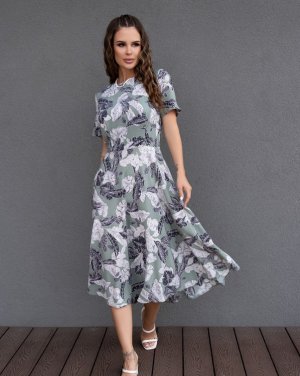 Оливкова квіткова сукня класичного крою - 8551058 - SvitStyle