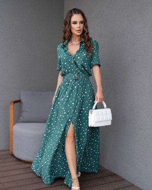 Довга зелена сукня-сорочка в горошок - 8551060 - SvitStyle