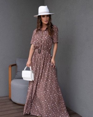 Довга коричнева сукня-сорочка в горошок - 8551061 - SvitStyle