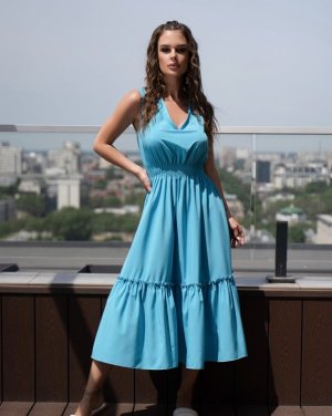 Блакитна сукня з V-подібними вирізами - 8551069 - SvitStyle