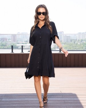 Чорна сукня-сорочка на ґудзиках - 8551624 - SvitStyle