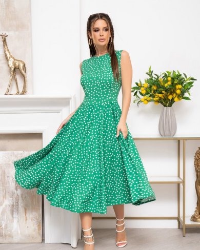 Зелена в горошок сукня без рукавів - SvitStyle