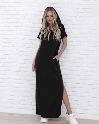 Чорне трикотажне довге плаття з капюшоном - SvitStyle