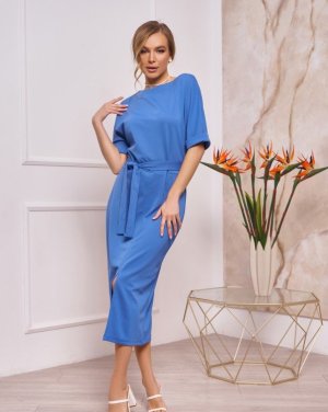 Блакитна однотонна сукня з розрізом та короткими рукавами - 8567566 - SvitStyle
