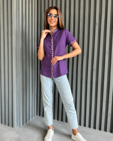 Фіолетова сорочка із льону з вишивкою - SvitStyle