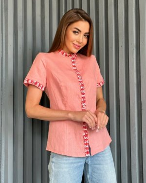 Рожева сорочка із льону з вишивкою - 8567633 - SvitStyle