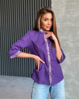 Фіолетова лляна сорочка з вишивкою на манжетах - 8567635 - SvitStyle