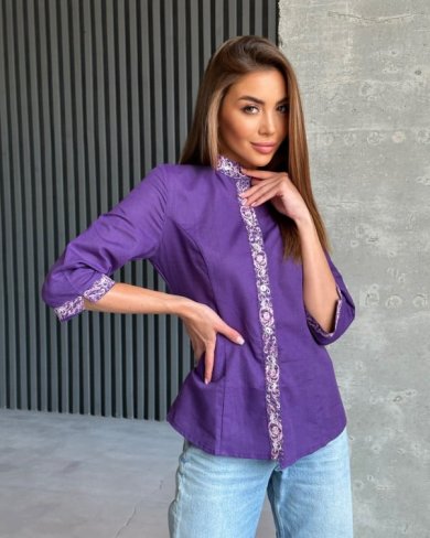 Фіолетова лляна сорочка з вишивкою на манжетах - SvitStyle