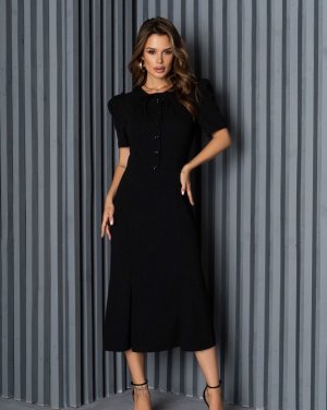 Чорне плаття на гудзиках зі складаннями на рукавах - 8567893 - SvitStyle