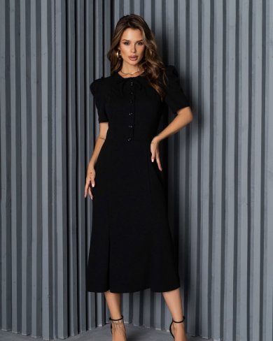 Чорне плаття на гудзиках зі складаннями на рукавах - SvitStyle