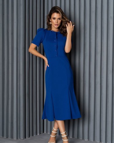 Синя сукня на гудзиках зі складаннями на рукавах - SvitStyle