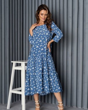 Синя вільна сукня з діагональним воланом - 8567902 - SvitStyle