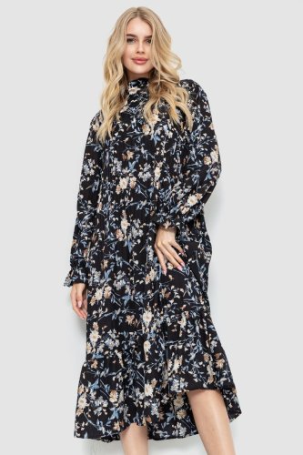 Сукня вільного крою з квітковим принтом, колір чорно-бежевий, 204R201 - SvitStyle
