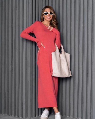 Темно-рожева довга сукня з кишенями та розрізом - SvitStyle