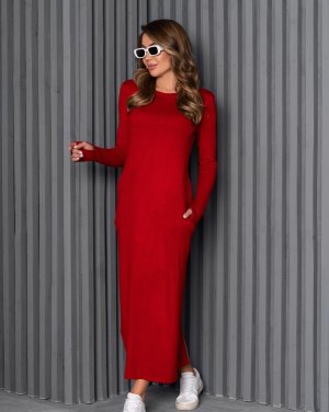 Червона довга сукня з кишенями та розрізом - 8585290 - SvitStyle