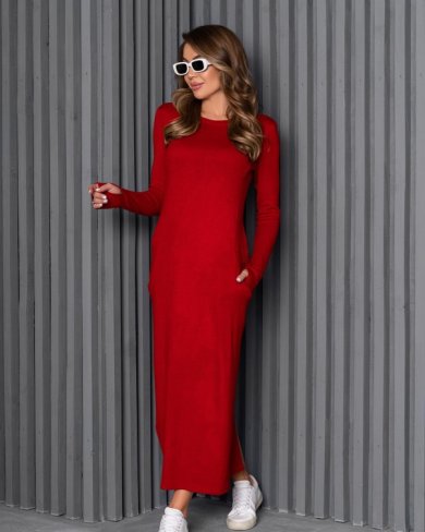 Червона довга сукня з кишенями та розрізом - SvitStyle