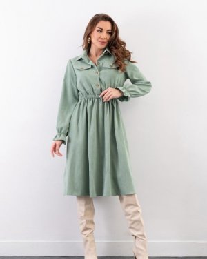 Зелена вельветова сукня-сорочка з довгими рукавами - 8591846 - SvitStyle