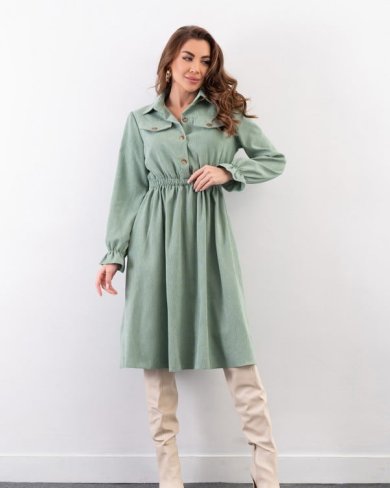 Зелена вельветова сукня-сорочка з довгими рукавами - SvitStyle