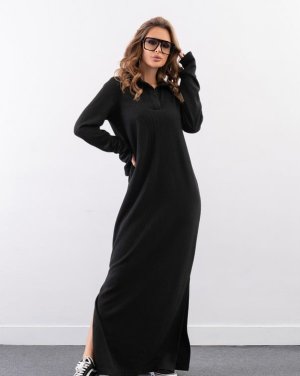 Чорна довга сукня з коміром-поло - 8591850 - SvitStyle