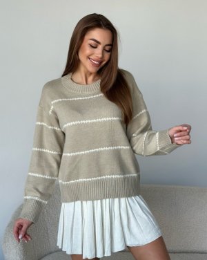 Ангоровий трикотажний светр бежевого кольору в смужку - 8591932 - SvitStyle