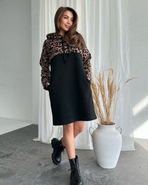 Чорна тепла сукня з леопардовою вставкою - 8594195 - SvitStyle