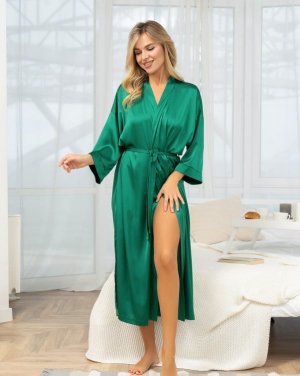 Довгий халат із зеленого шовку з розрізами - 8594268 - SvitStyle