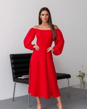 Червона ретро сукня з розрізом - 8595752 - SvitStyle