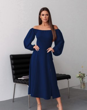 Темно-синя ретро сукня з розрізом - 8595753 - SvitStyle