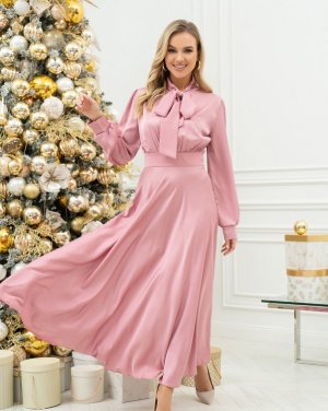 Рожева шовкова сукня з бантом - 8599831 - SvitStyle
