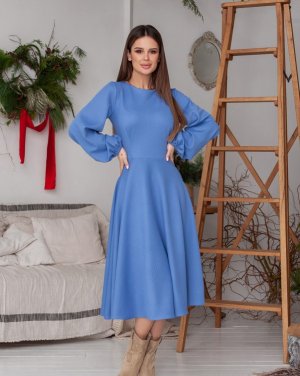 Блакитна приталена сукня з рукавами-ліхтариками - 8599841 - SvitStyle